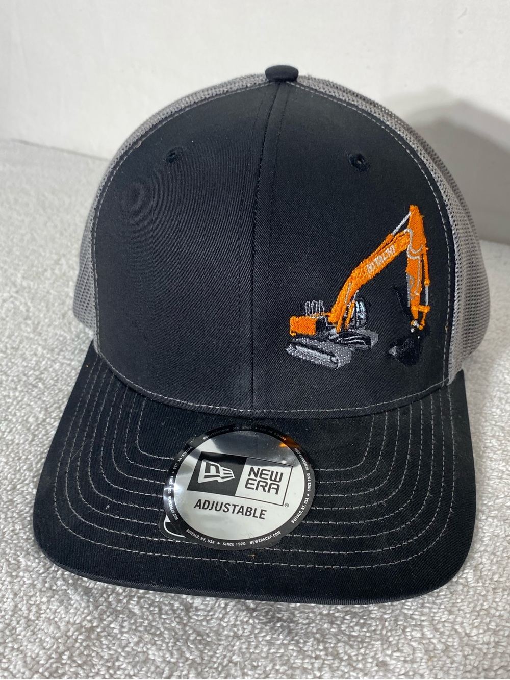 Hitachi Black Grey Mesh Back Snap Back Trucker Hat W Embroidered Excavator